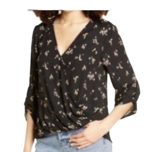 All in Favor Womens Print Faux Wrap Top Front Blouse Small Black Taupe‎ Smudge - Picture 11 of 11